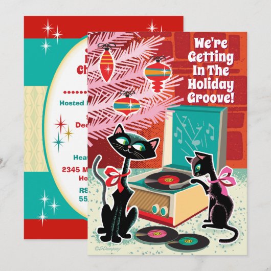 Retro Record Player Cool Cats Kerstfeest Kaart (Voorkant / Achterkant)