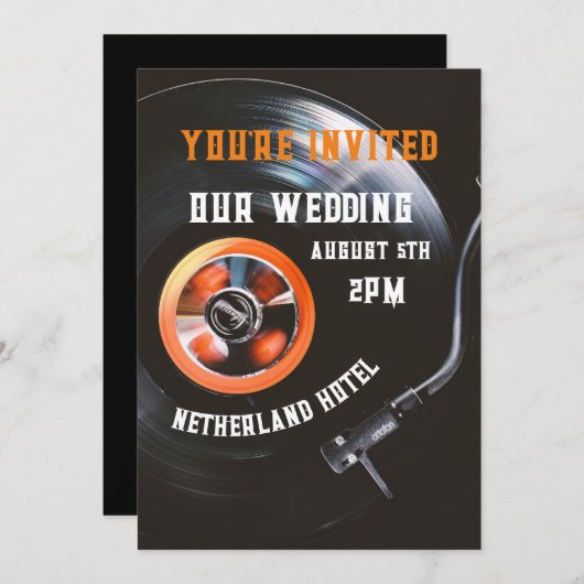 RETRO RECORD PLAYER CUSTOM WEDDING INVITATIONS KAART (Voorkant / Achterkant)