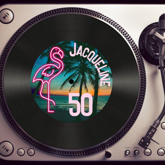 Retro Record Tropische Neon Flamingo 50e verjaarda Kaart