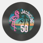 Retro Record Tropische Neon Flamingo 50e verjaarda Ronde Sticker (Voorkant)