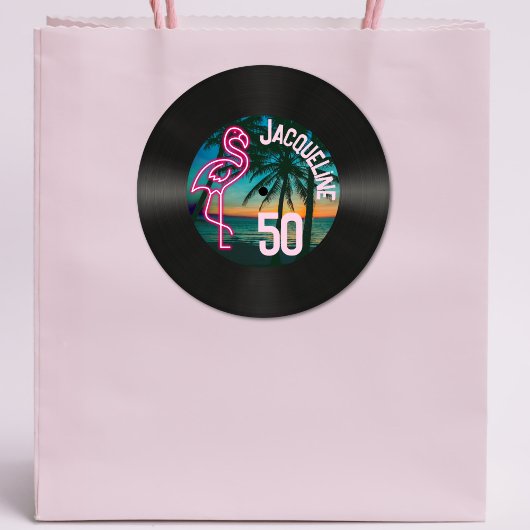 Retro Record Tropische Neon Flamingo 50e verjaarda Ronde Sticker