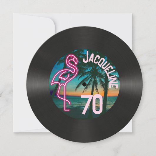 Retro Record Tropische Neon Flamingo 70e verjaarda Kaart (Voorkant)