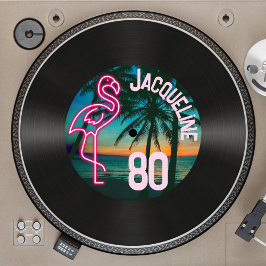 Retro Record Tropische Neon Flamingo 80ste Verjaar Kaart