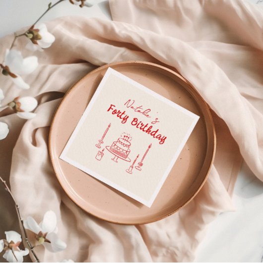 Retro Red 40e Hand getrokken taart 40 verjaardag Servet