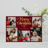 Retro Red and Gold Merry Christmas Family Photo Folie Feestdagenkaart (Staand Voorkant)