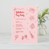 Retro Red and Pink Galentines Party Invitation Kaart (Staand voorkant)