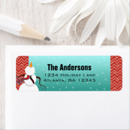 Retro Red Aqua Kerstmis Snowman kijkt naar sterren Etiket