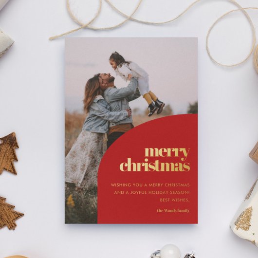 Retro Red Arch Design Vrolijk Kerstfoto Goud Folie Feestdagenkaart