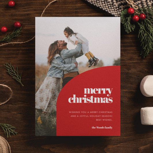 Retro Red Arch Design Vrolijke Kerstfoto Feestdagenkaart