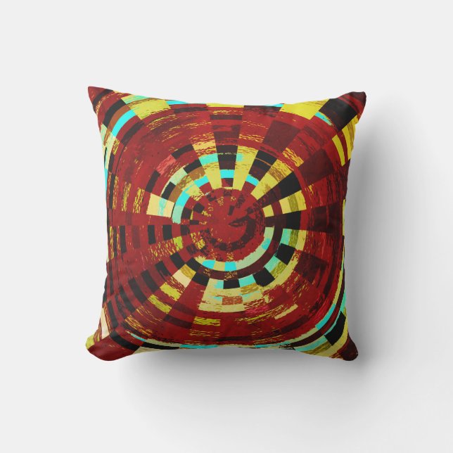 Retro Red Black Blue Yellow Brown Circular Patroon Buitenkussen (Voorkant)