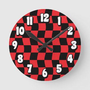 Retro Red Black Wavy Checker Pattern Ronde Klok