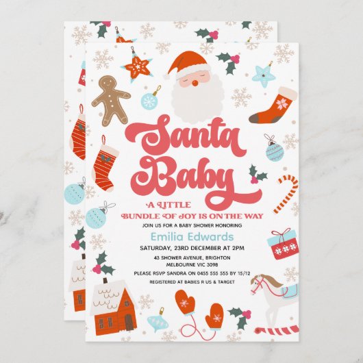 Retro Red Blue Boys Santa Baby Baby shower Kaart (Voorkant / Achterkant)