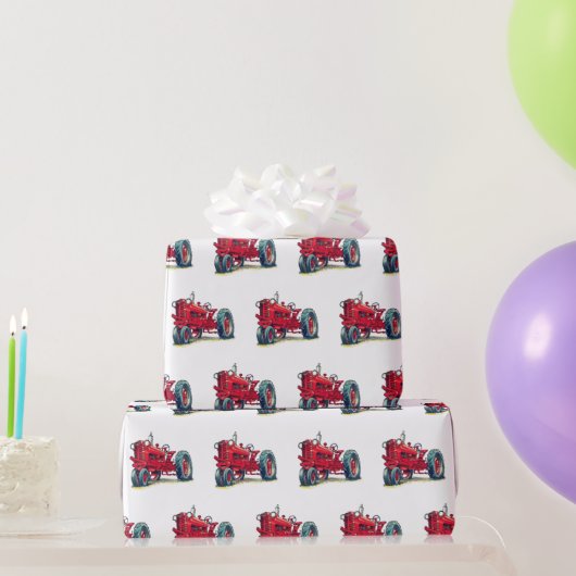 Retro Red Boerderij Tractor op wit Cadeaupapier (Feestgeschenken)