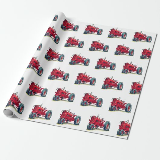 Retro Red Boerderij Tractor op wit Cadeaupapier (Uitgerold)