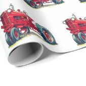 Retro Red Boerderij Tractor op wit Cadeaupapier (Rol Hoek)