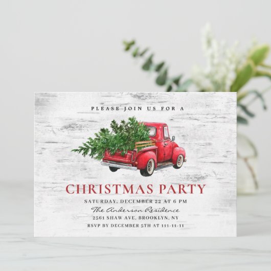 Retro Red Boerderij Truck Birch Bark Kerstparty Kaart (Staand voorkant)
