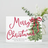 Retro Red Bow Pine Squiggle Lijst Foto Kerst Feestdagenkaart (Staand voorkant)