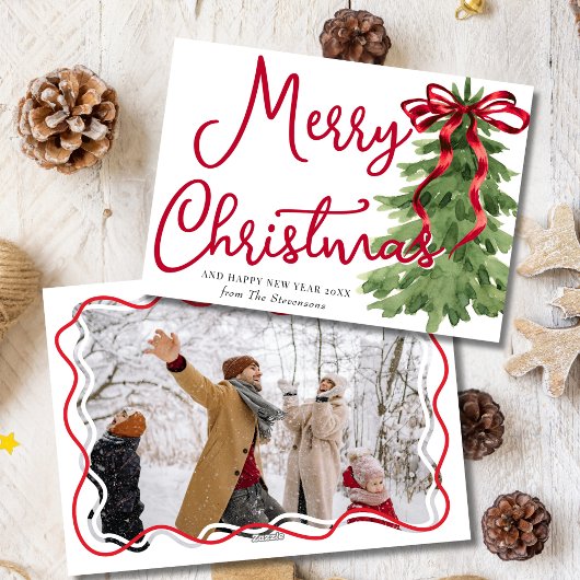 Retro Red Bow Pine Squiggle Lijst Foto Kerst Feestdagenkaart