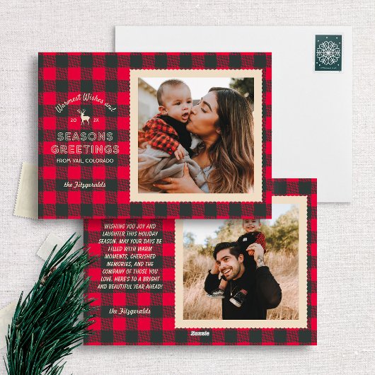 Retro Red Buffalo Plaid Rustieke Kerstfoto Feestdagenkaart