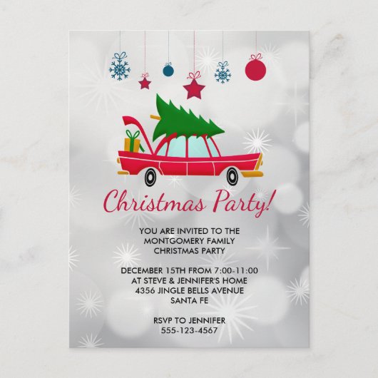 Retro Red Car die een kerstboom vervoert nodigt ui Briefkaart (Voorkant)