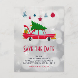 Retro Red Car en kerstboom sparen de Datum Briefkaart
