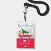 Retro Red Car met kerstboom Badge (Voorzijde met lanyard)