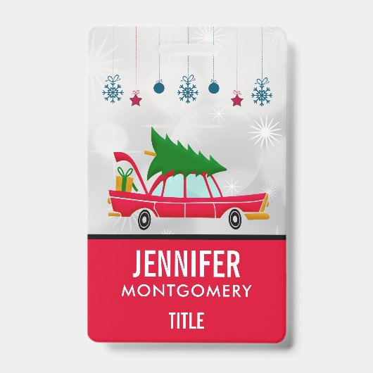 Retro Red Car met kerstboom Badge (Voorzijde)