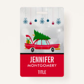 Retro Red Car met kerstboom Badge (Achterkant)
