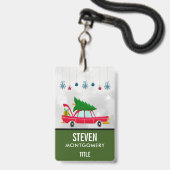 Retro Red Car met kerstboom Badge (Voorzijde met lanyard)