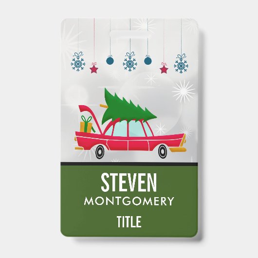 Retro Red Car met kerstboom Badge (Voorzijde)