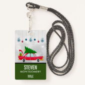 Retro Red Car met kerstboom Badge (Achterkant met draagriem)