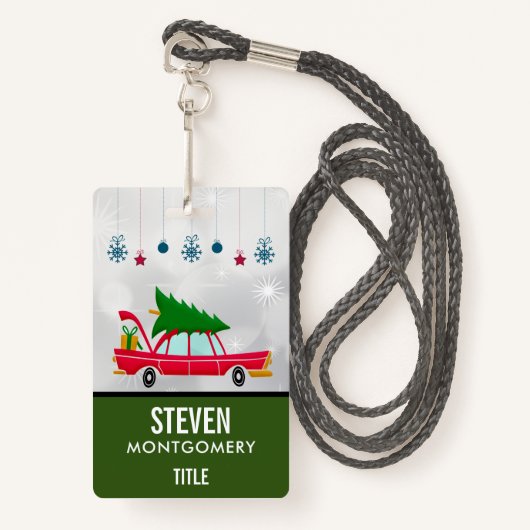 Retro Red Car met kerstboom Badge (Voorkant met draagriem)
