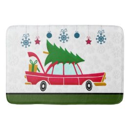 Retro Red Car met kerstboom Badmat