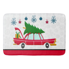 Retro Red Car met kerstboom Badmat
