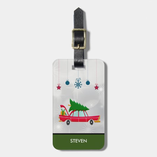 Retro Red Car met kerstboom Bagagelabel (Voorkant verticaal)