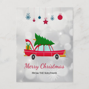 Retro Red Car met kerstboom Briefkaart