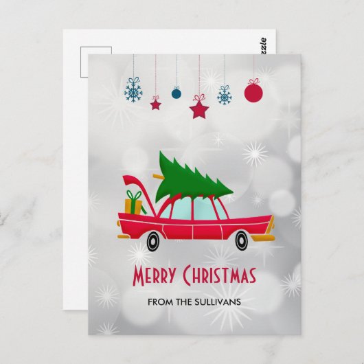 Retro Red Car met kerstboom Briefkaart (Voorkant / Achterkant)