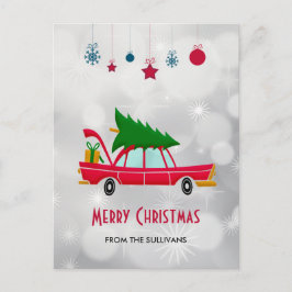 Retro Red Car met kerstboom Briefkaart