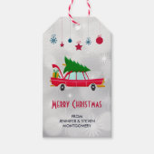 Retro Red Car met kerstboom Cadeaulabel (Voorkant)
