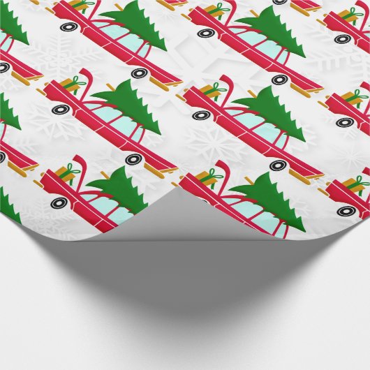 Retro Red Car met kerstboom Cadeaupapier (Hoek)