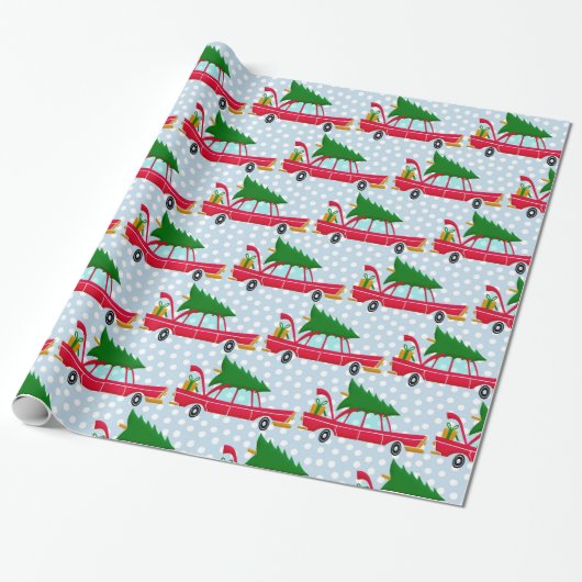 Retro Red Car met kerstboom Cadeaupapier (Uitgerold)