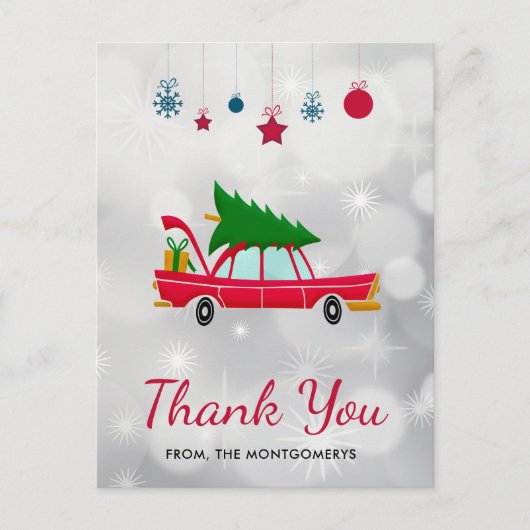 Retro Red Car met kerstboom Dank u Briefkaart (Voorkant)