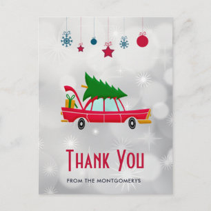 Retro Red Car met kerstboom Dank u Briefkaart