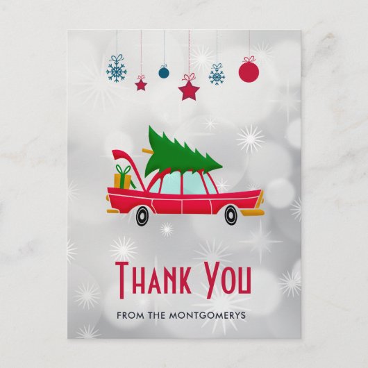 Retro Red Car met kerstboom Dank u Briefkaart (Voorkant)