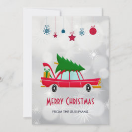Retro Red Car met kerstboom Feestdagenkaart