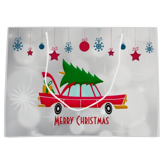 Retro Red Car met kerstboom Groot Cadeauzakje (Voorkant)