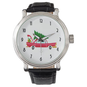 Retro Red Car met kerstboom Horloge