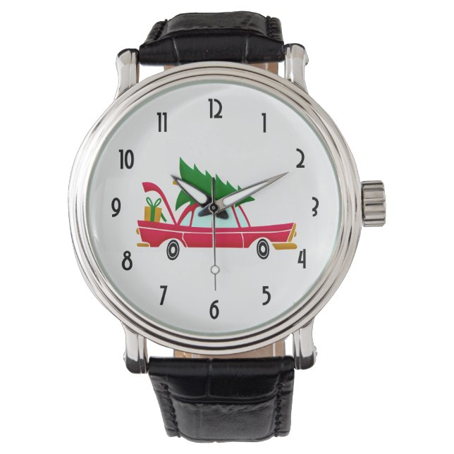 Retro Red Car met kerstboom Horloge (Voorkant)