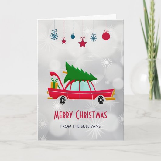 Retro Red Car met kerstboom Kaart (Voorkant)