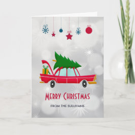 Retro Red Car met kerstboom Kaart